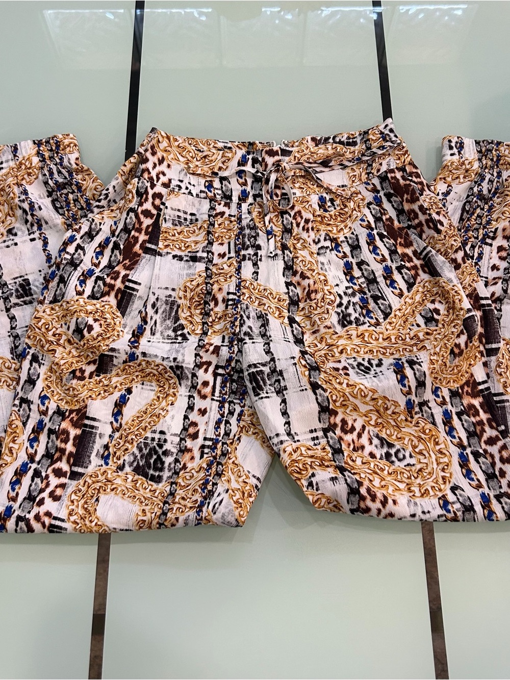 Bebe Chain & Leopard Print Wide Leg Pants - White, Gold, Brown